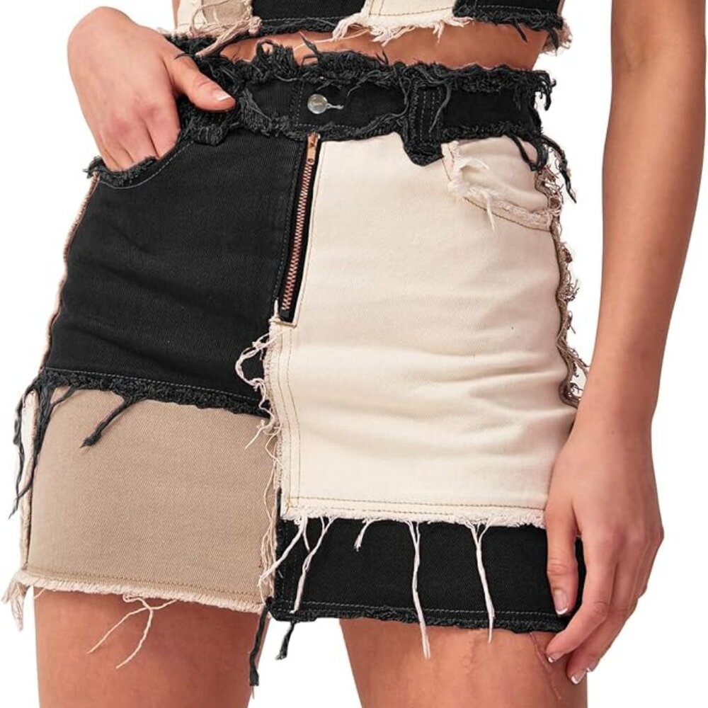 Colorblock Distressed Denim Mini Skirt | Mid-Rise Patchwork Jean Skirt